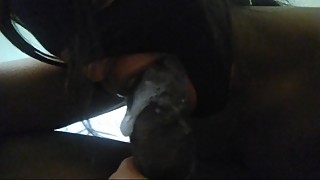 My wife swallowing my load in her mask