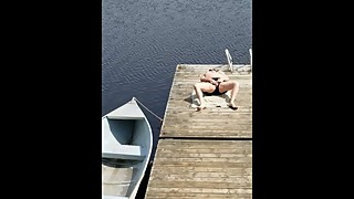 Rub my cock watching my wife masturbate on a public jetty, almost caught!